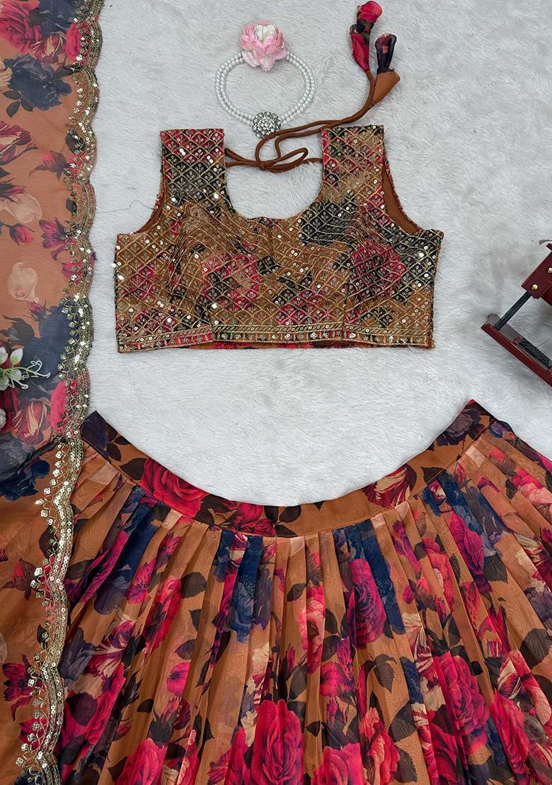 Red Embroidered Georgette Lehenga Set With Dupatta for Diwali and Festive Wear - Indya