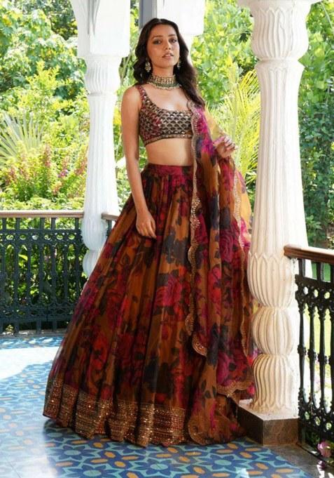 Red Embroidered Georgette Lehenga Set With Dupatta