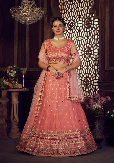 Peach Embroidered Net Lehenga Set