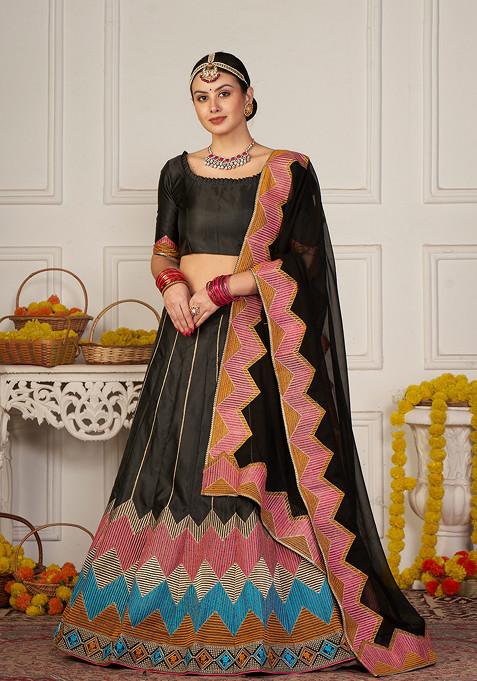Black Embroidered Silk Lehenga Set