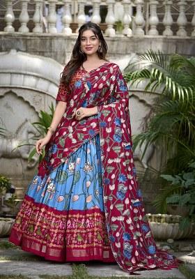 Blue Patola Print Tussar Silk Lehenga Set With Dupatta