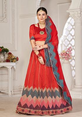 Red Embroidered Silk Lehenga Set