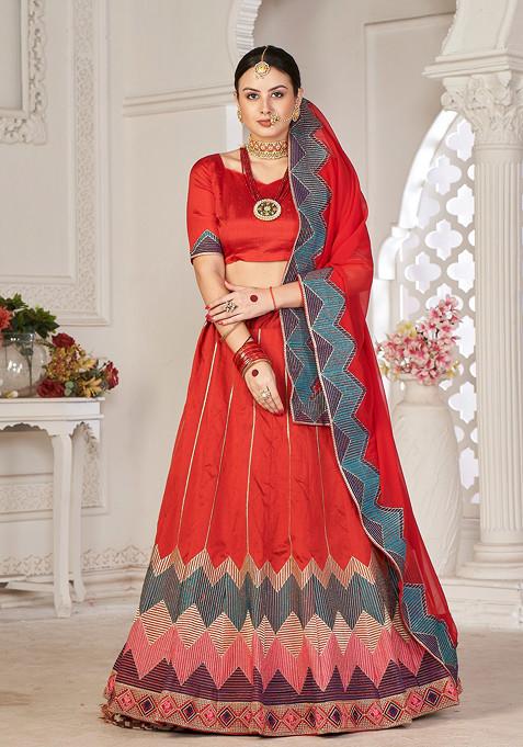 Red Embroidered Silk Lehenga Set — view on Indya