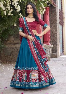 Blue Printed Tussar Silk Lehenga Set With Dupatta