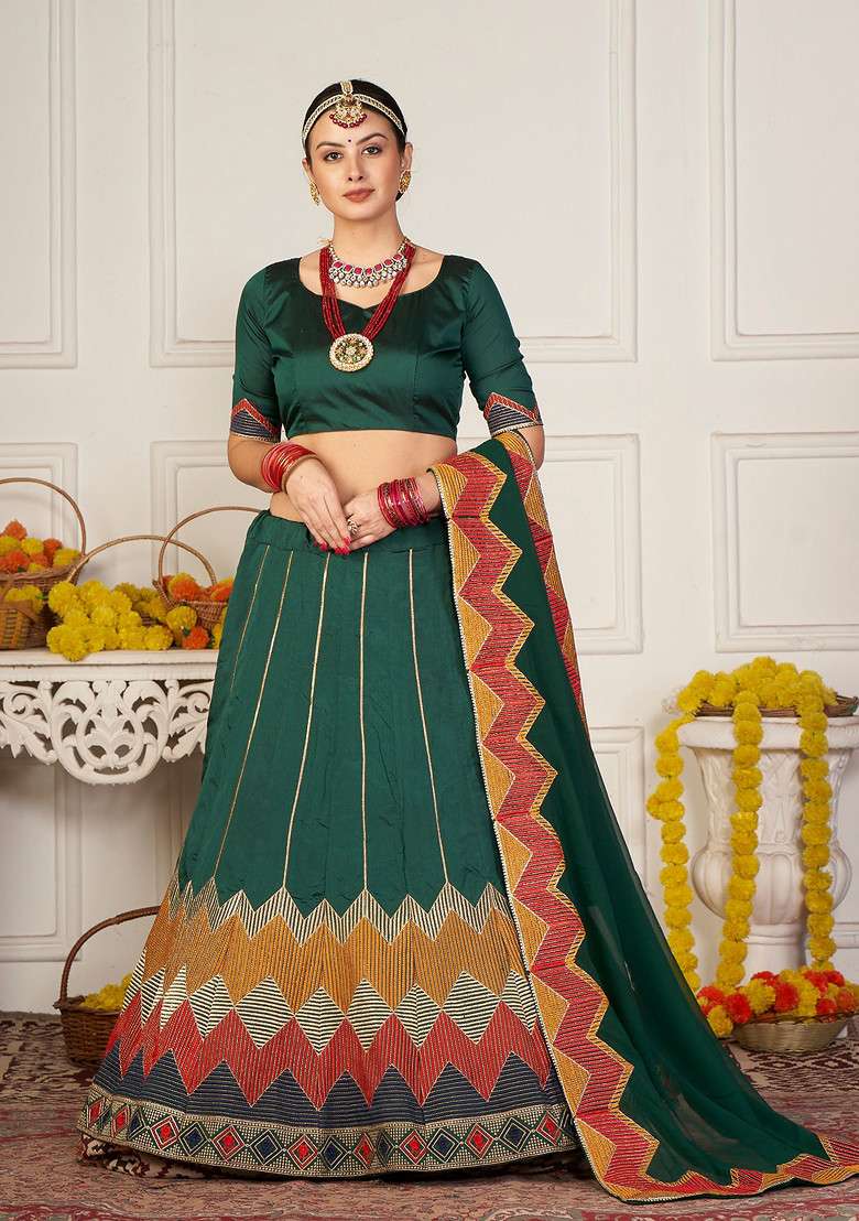 Green Embroidered Silk Lehenga Set - Indya