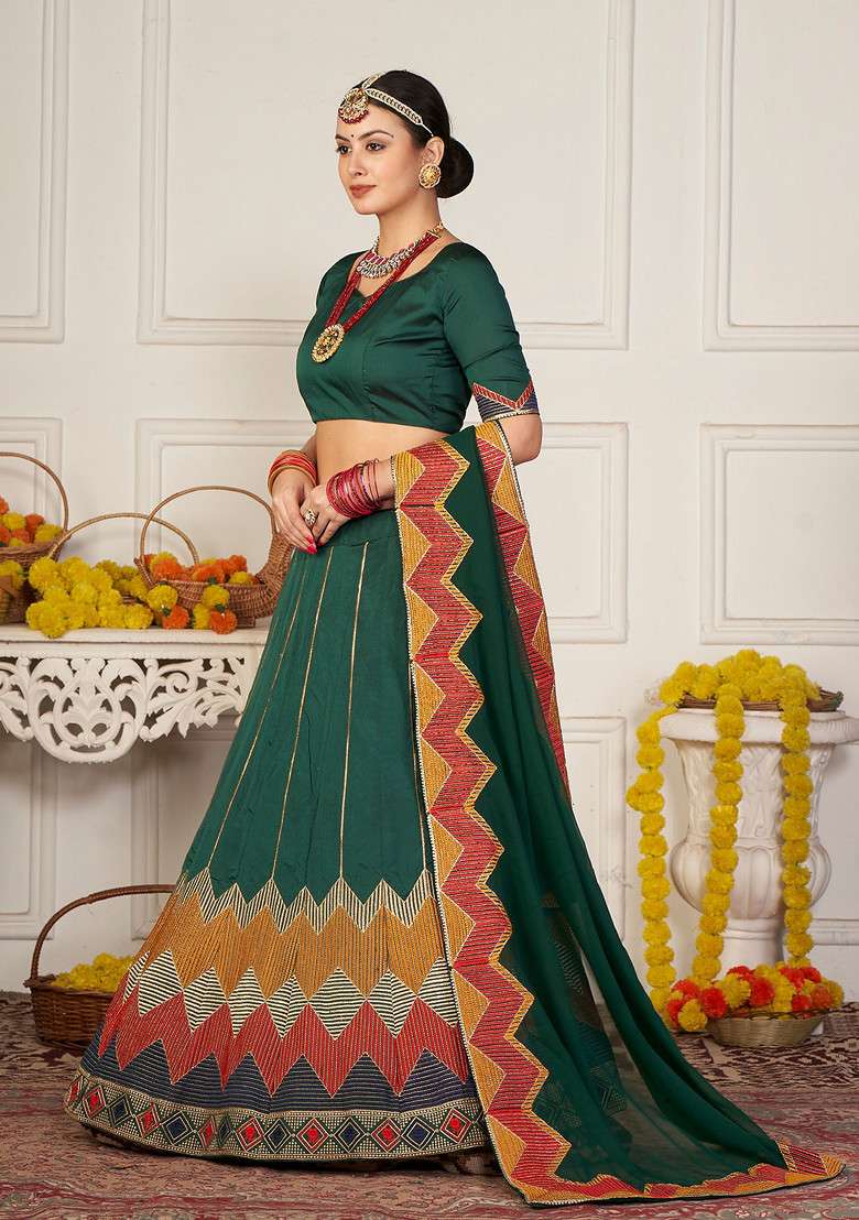 Green Embroidered Silk Lehenga Set - Indya