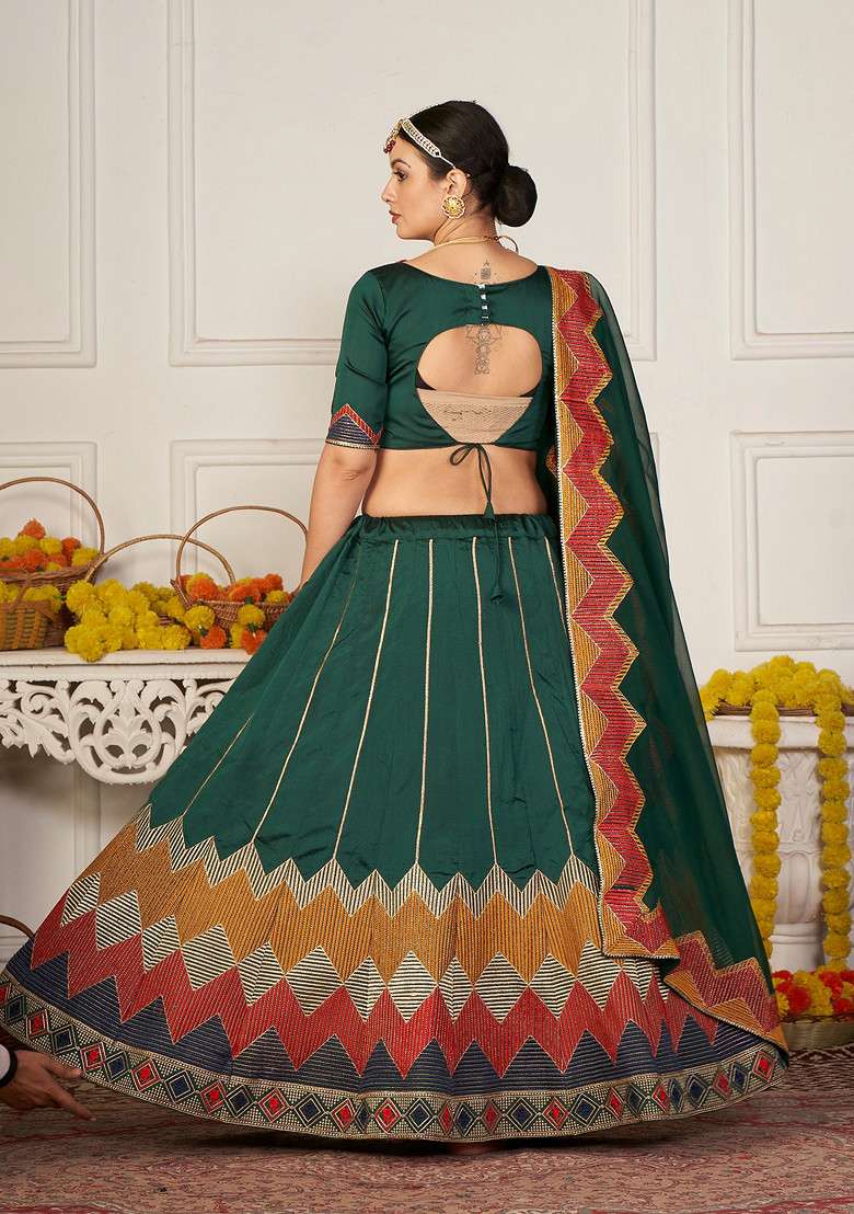 Green Embroidered Silk Lehenga Set - Indya