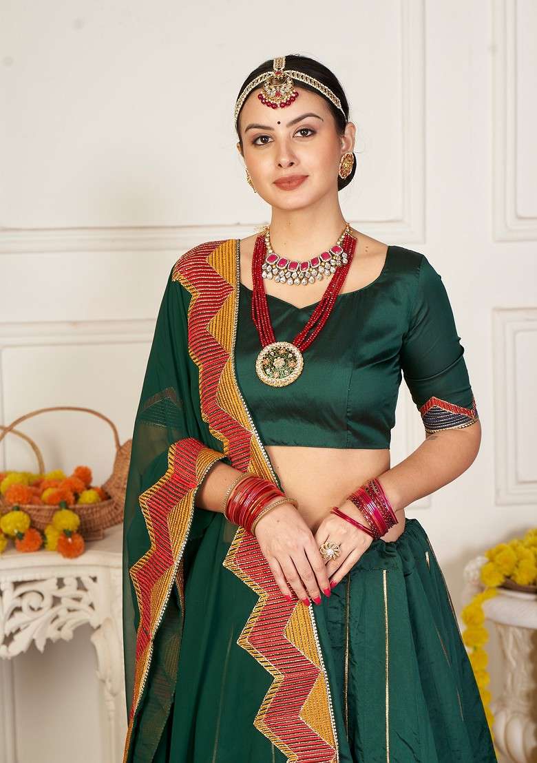 Green Embroidered Silk Lehenga Set - Indya