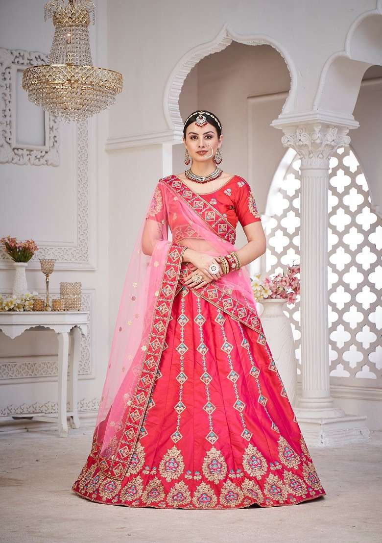 Pink Embroidered Silk Lehenga Set - Indya