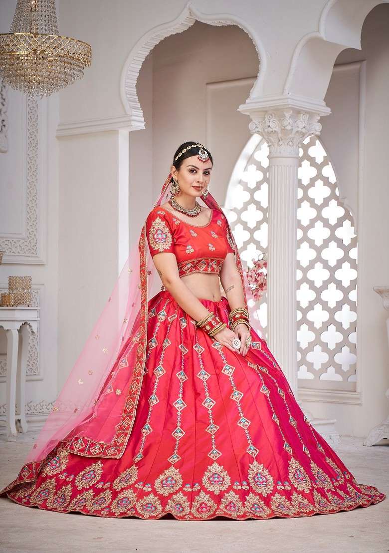 Pink Embroidered Silk Lehenga Set - Indya