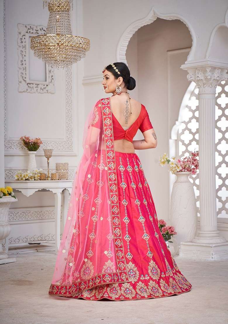 Pink Embroidered Silk Lehenga Set - Indya