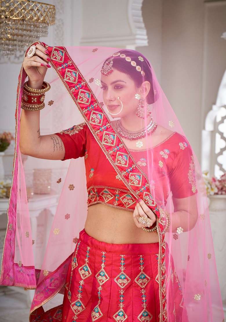 Pink Embroidered Silk Lehenga Set - Indya