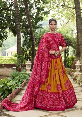 Yellow Printed Tussar Silk Lehenga Set With Dupatta
