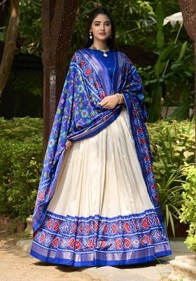 Blue Printed Tussar Silk Lehenga Set With Dupatta
