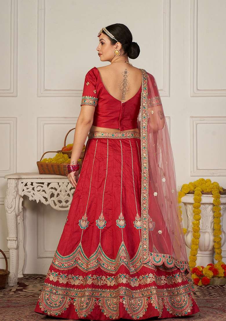 Maroon Embroidered Silk Lehenga Set - Indya