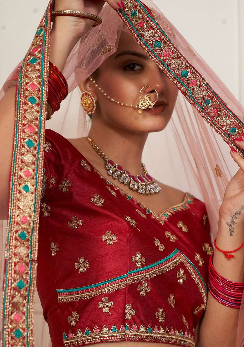 Maroon Embroidered Silk Lehenga Set - Indya