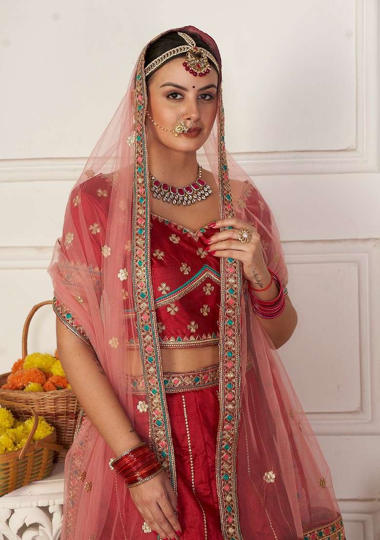 Maroon Embroidered Silk Lehenga Set - Indya