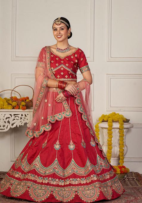 Maroon Embroidered Silk Lehenga Set — view on Indya