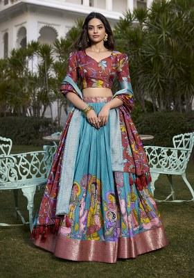 Blue Printed Dola Silk Lehenga Set With Dupatta