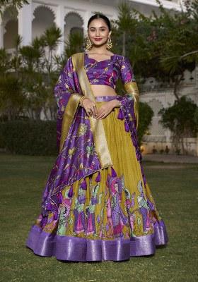 Yellow Printed Dola Silk Lehenga Set With Dupatta