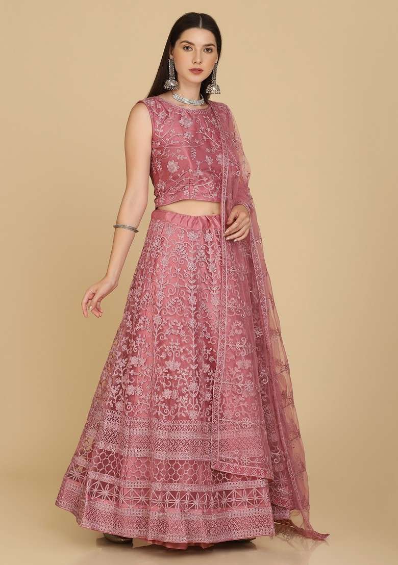 Pink Embroidered Net Lehenga Set - Indya