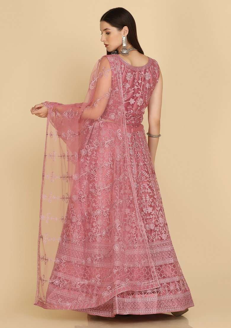 Pink Embroidered Net Lehenga Set - Indya
