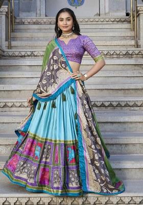 Blue Kalamkari Silk Lehenga Set With Dupatta
