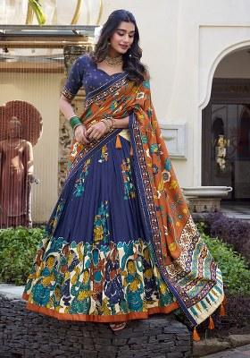 Blue Kalamkari Silk Lehenga Set With Dupatta