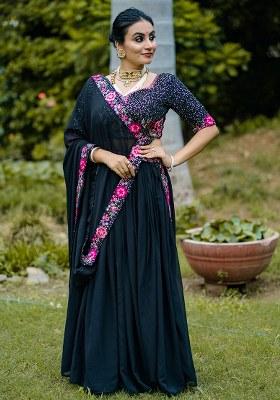 Black Embroidered Georgette Lehenga Set With Dupatta