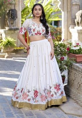 White Embroidered Georgette Lehenga Set With Dupatta