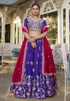 Purple Embroidered Vichitra Silk Lehenga Set With Dupatta