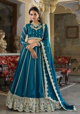 Blue Embroidered Vichitra Silk Lehenga Set With Dupatta