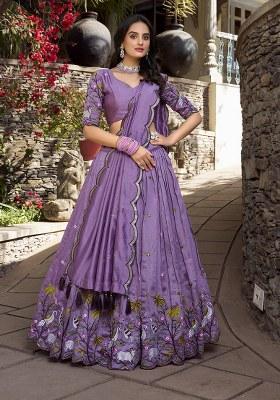 Purple Embroidered Vichitra Silk Lehenga Set With Dupatta