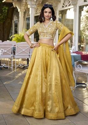 Yellow Solid Poly Blend Lehenga Set With Dupatta