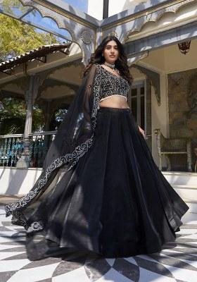 Black Embroidered Silk Lehenga Set With Dupatta