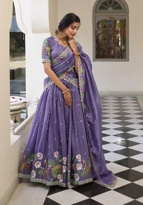 Purple Embroidered Poly Blend Lehenga Set With Dupatta