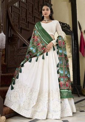 Green Mirror Work Georgette Lehenga Set With Dupatta