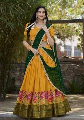 Yellow Embroidered Cotton Lehenga Set With Dupatta