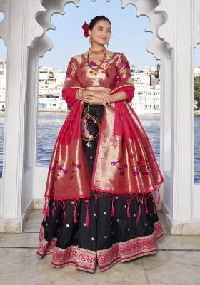 Black Zari Work Tussar Silk Lehenga Set With Dupatta