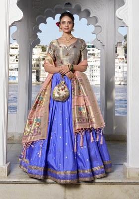 Blue Zari Work Tussar Silk Lehenga Set With Dupatta