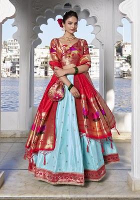 Blue Zari Work Tussar Silk Lehenga Set With Dupatta