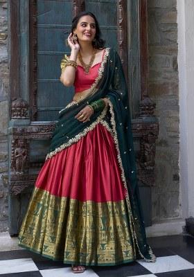 Red Zari Work Georgette Lehenga Set With Dupatta