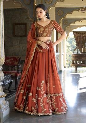 Orange Embroidered Silk Lehenga Set With Dupatta
