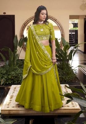 Green Embroidered Georgette Lehenga Set With Dupatta