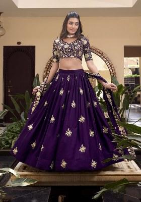 Purple Embroidered Vichitra Silk Lehenga Set With Dupatta