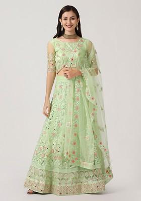 Parrot Green Embroidered Net Lehenga Set