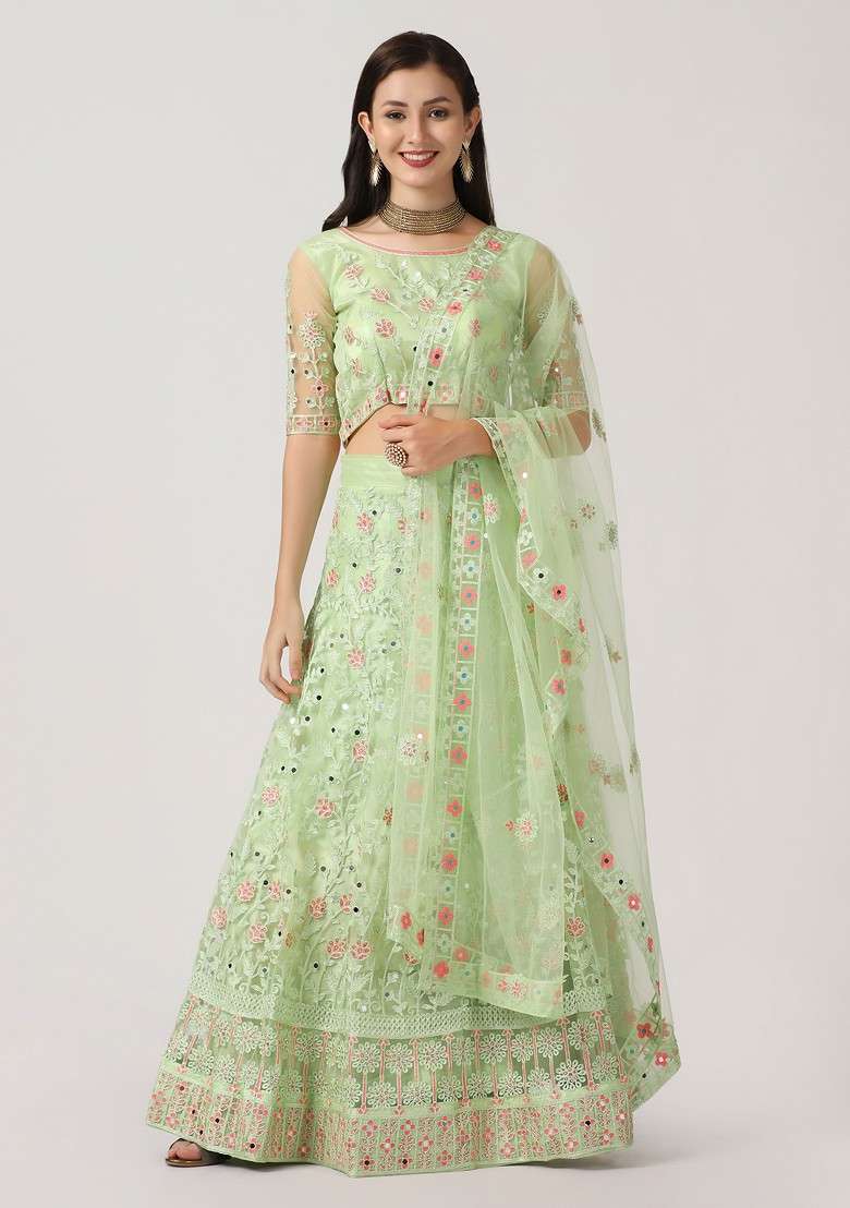 Parrot Green Embroidered Net Lehenga Set - Indya