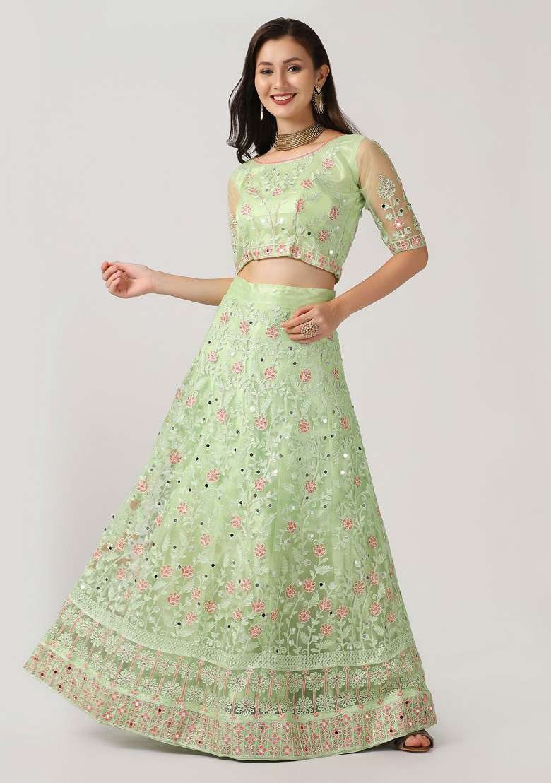 Parrot Green Embroidered Net Lehenga Set - Indya