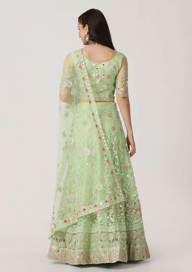 Parrot Green Embroidered Net Lehenga Set - Indya