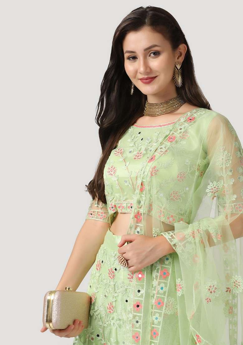 Parrot Green Embroidered Net Lehenga Set - Indya